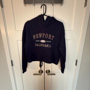 Garage Newport California Graphic Hoodie Women's Navy Blue Cropped Sweater Sz S
